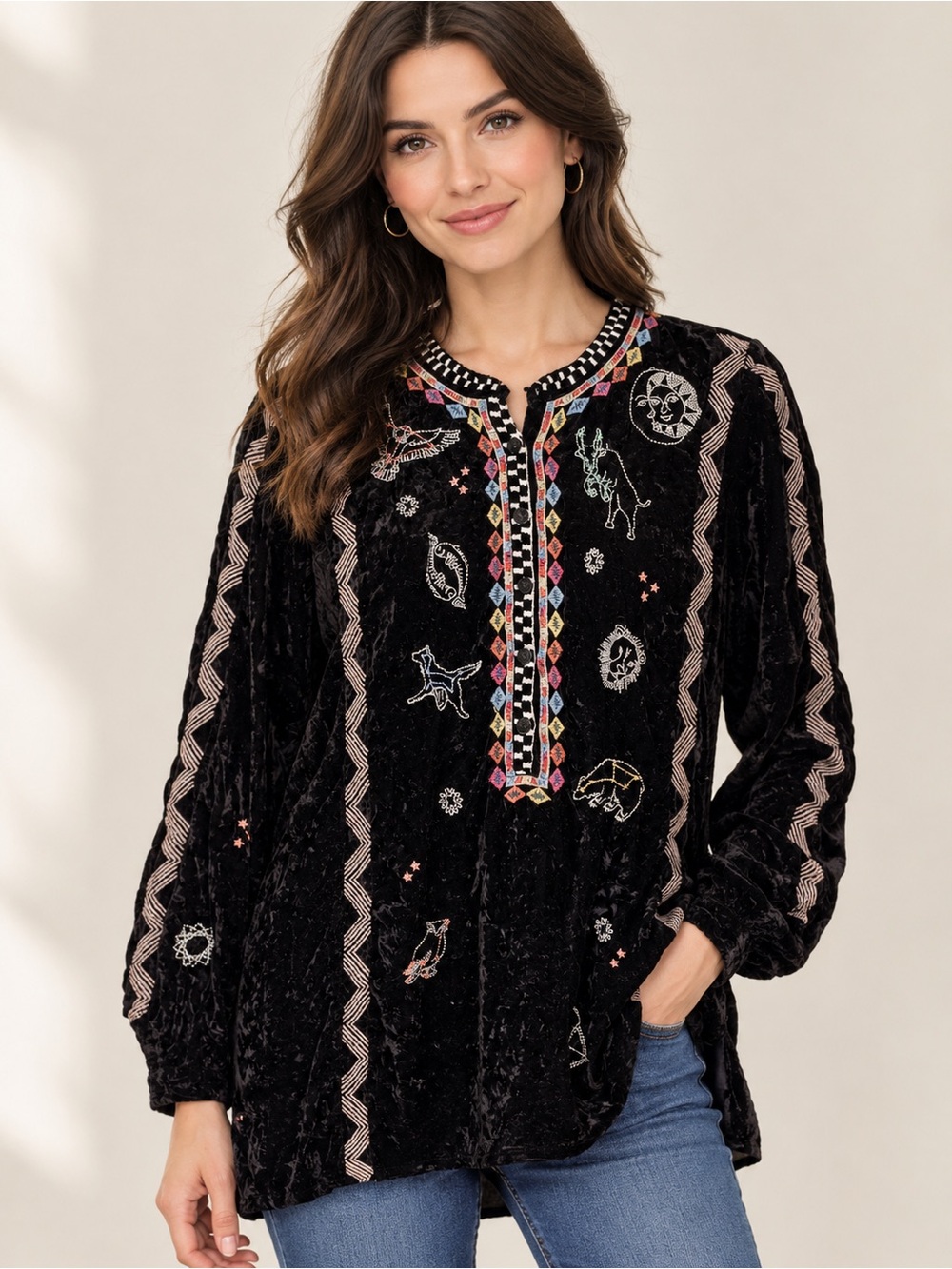 Johnny Was Embroidered Velvet Blouse